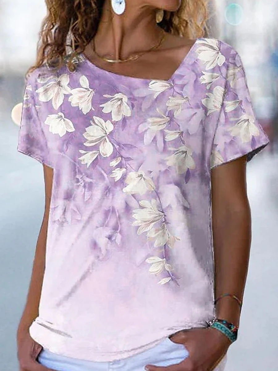 Casual Floral Print V-Neck Short Sleeve T-Shirt