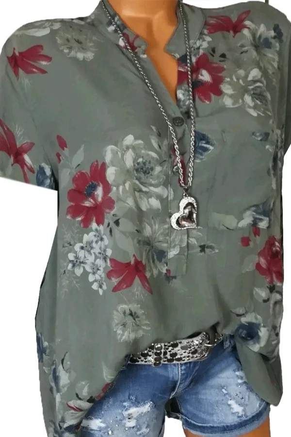 Band Collar Loose Fitting Print Blouses