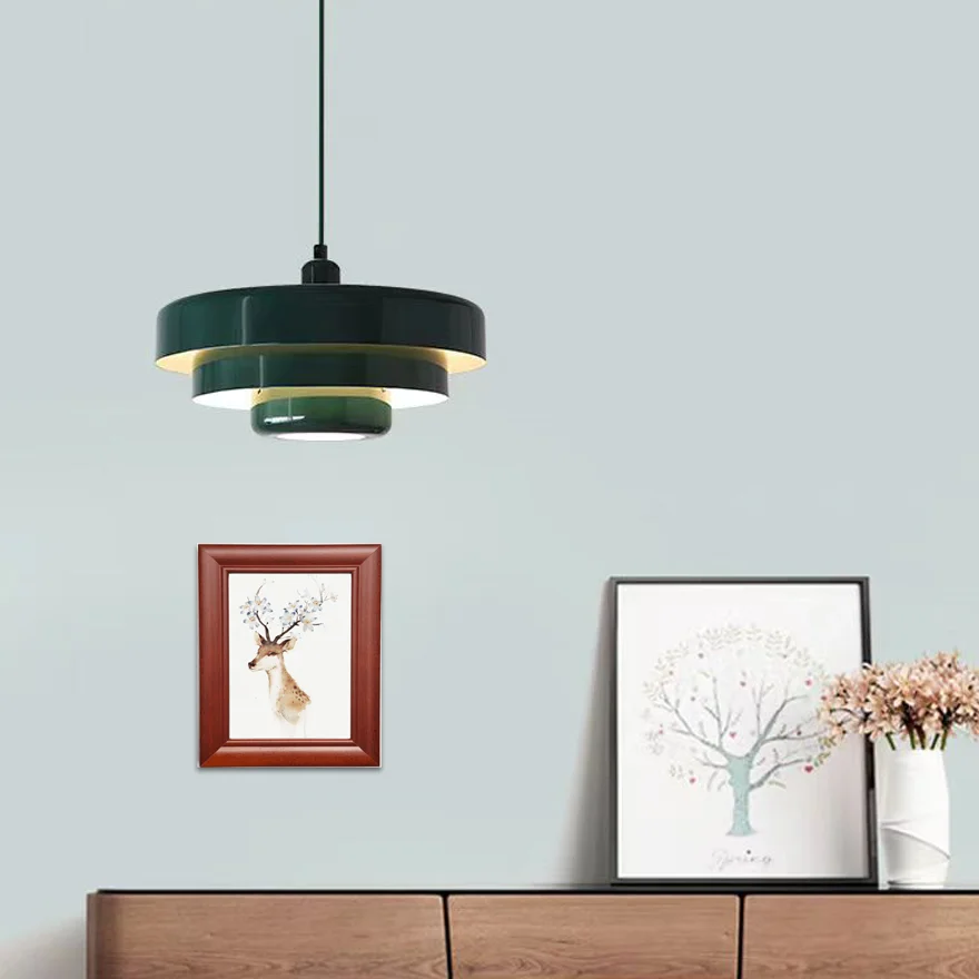 Morandi Metal Frisbee Living Room Pendant Light, Green/Orange/White, Trichromatic Light