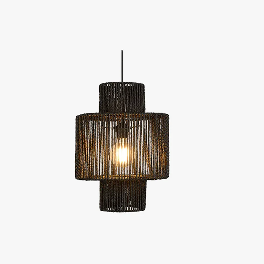 Boho Metal And Rattan Lantern Living Room Pendant Light, Black