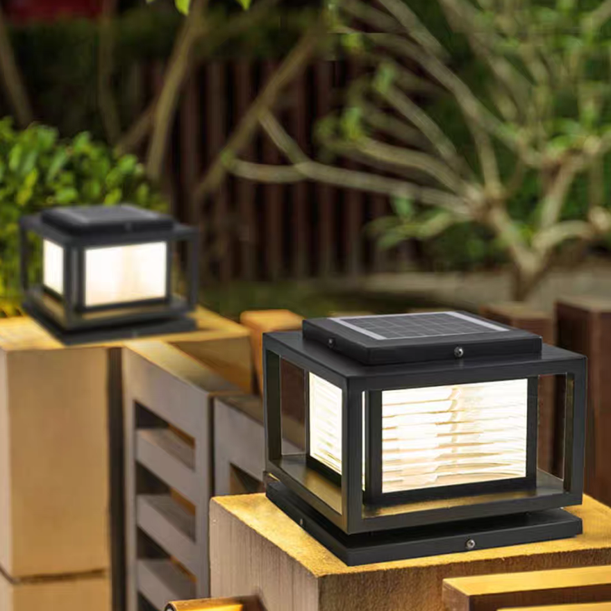 Contemporary Metal And Glass Rectangular Courtyard Outdoor Lamp, Black