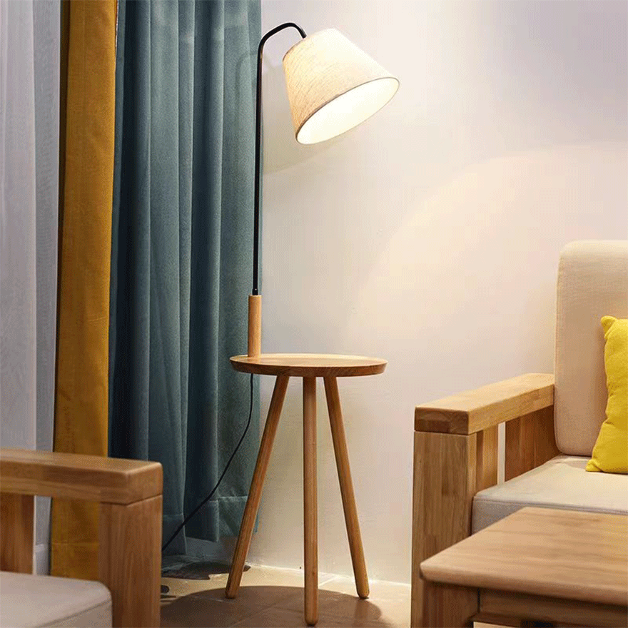 Unusual Metal And Wood And Fabric Hooded Living Room Floor Lamp, Walnut/Natural Wood