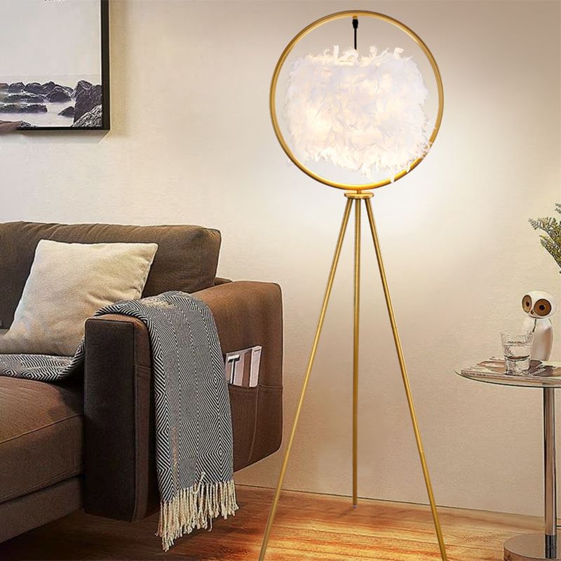 Designer Metal And Fabric Feather Ring Tripod Bedside Floor Lamp, Black/Gold