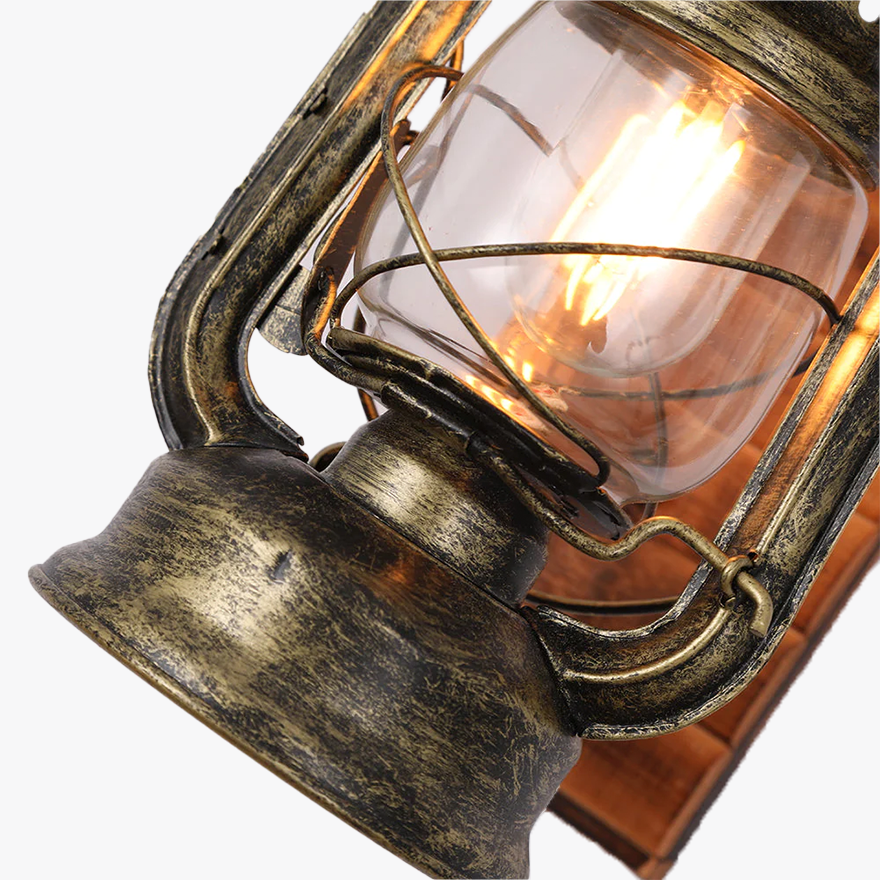 Retro Wooden And Metal Lantern Bedroom Wall Lamp, Burlywood