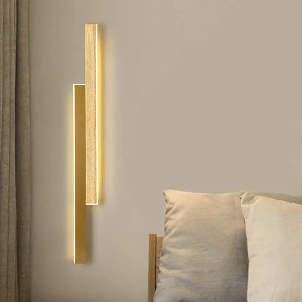 Modern Metal Duo-linear Living Room Wall Lamp, Brown/Natural Wood