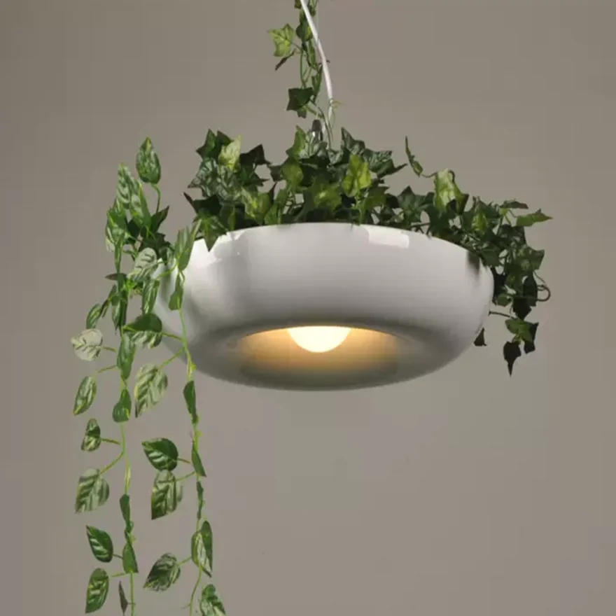 Natural Metal Plant Pot Dining Room Pendant Light, White/Black/Green