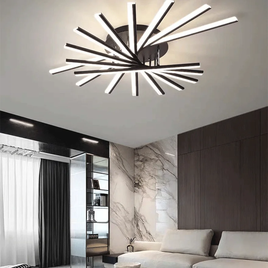 Contemporary Metal And Acrylic Linear Living Room Ceiling Light, Black/Gold/White, Trichromatic Light