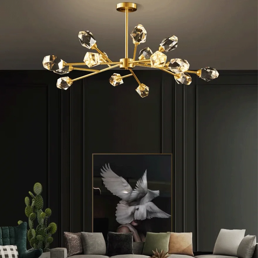 Modern Metal And Crystal Uneven Bedroom Chandeliers Pendant Light, Gold, Trichromatic Light