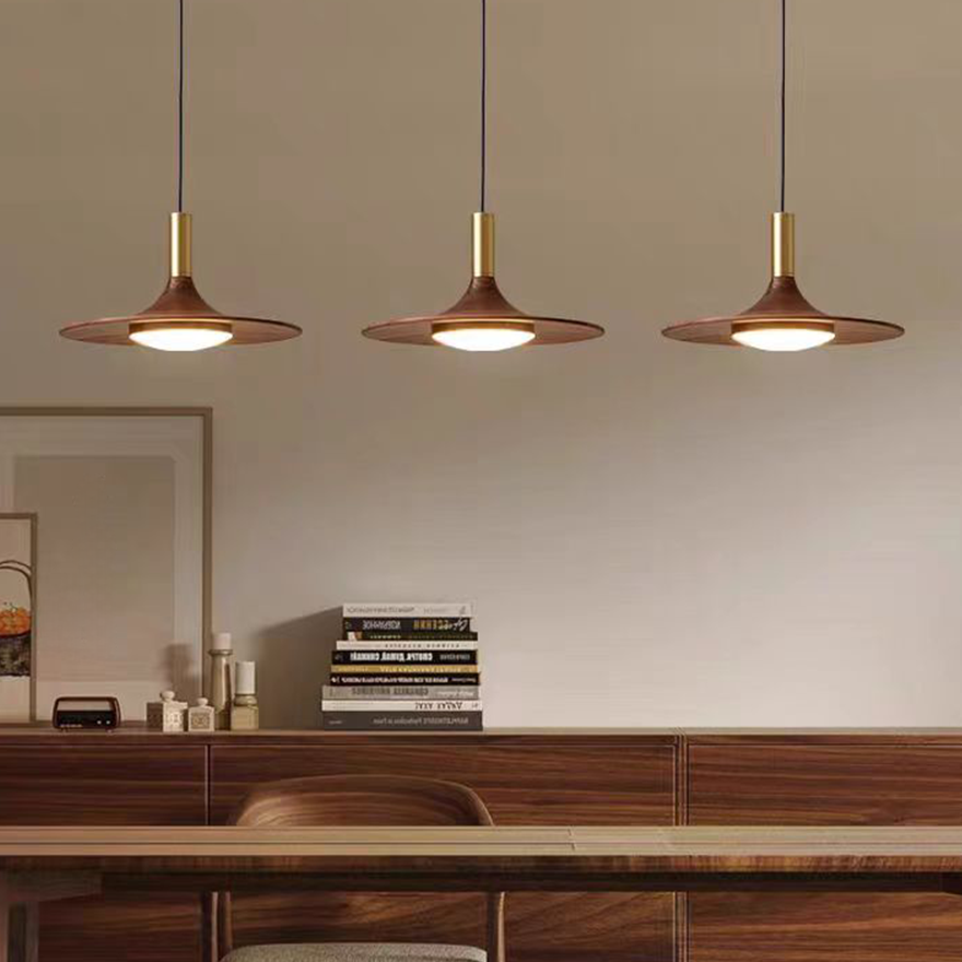 Retro Metal And Wooden Hooded Dining Room Pendant Light, Burlywood, Trichromatic Light