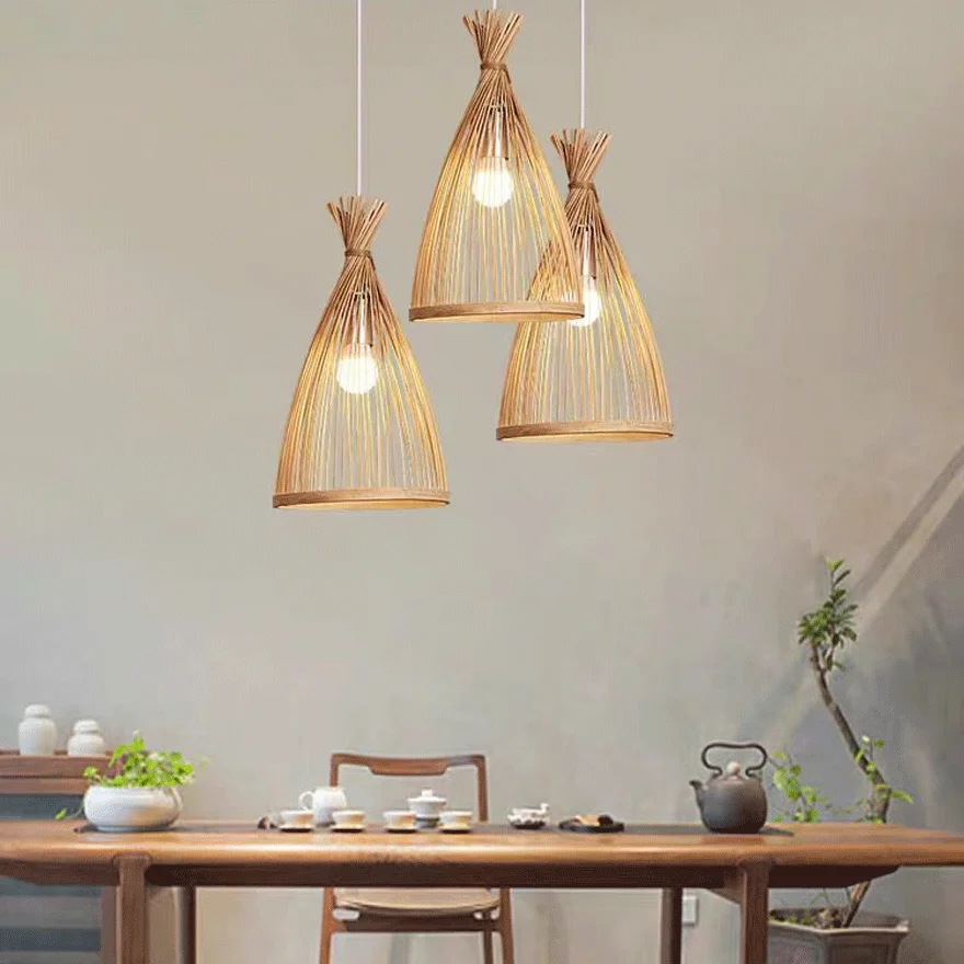 Boho Bamboo And Wooden Conical Dining Room Pendant Light, Beige