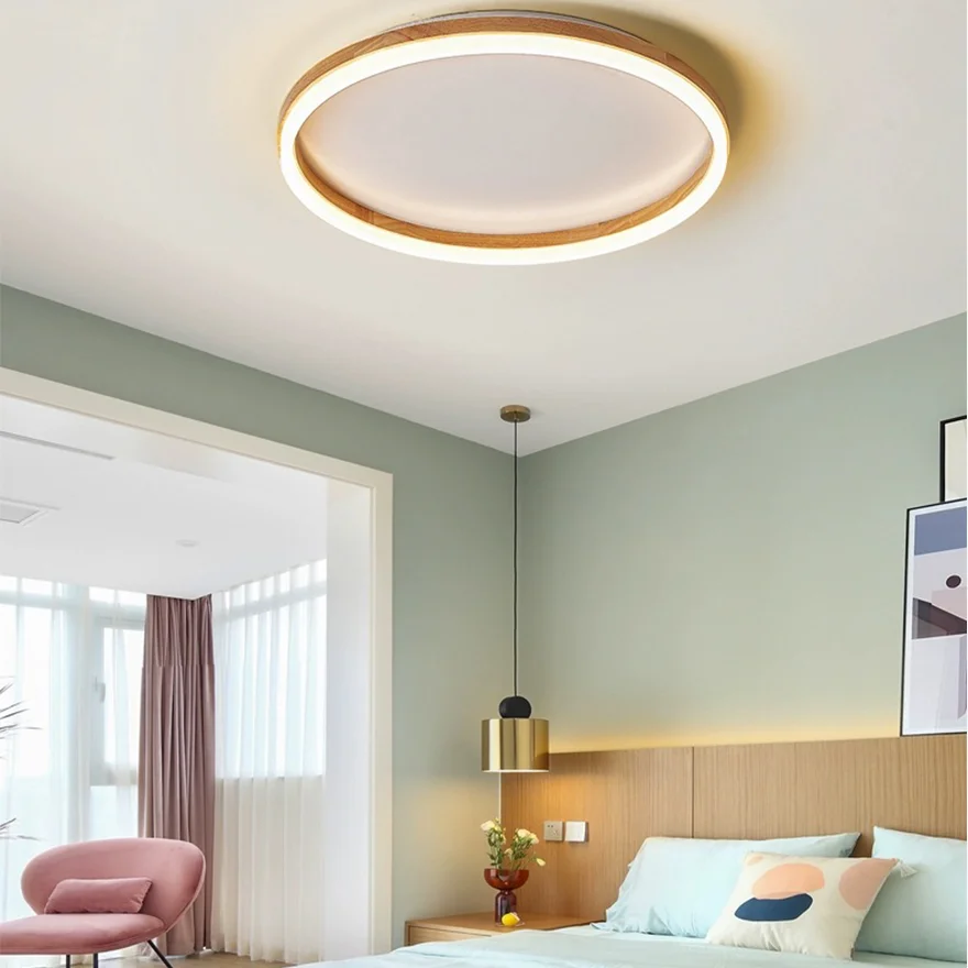 Modern Wooden And Acrylic Ring Study Room Ceiling Light, Log Color