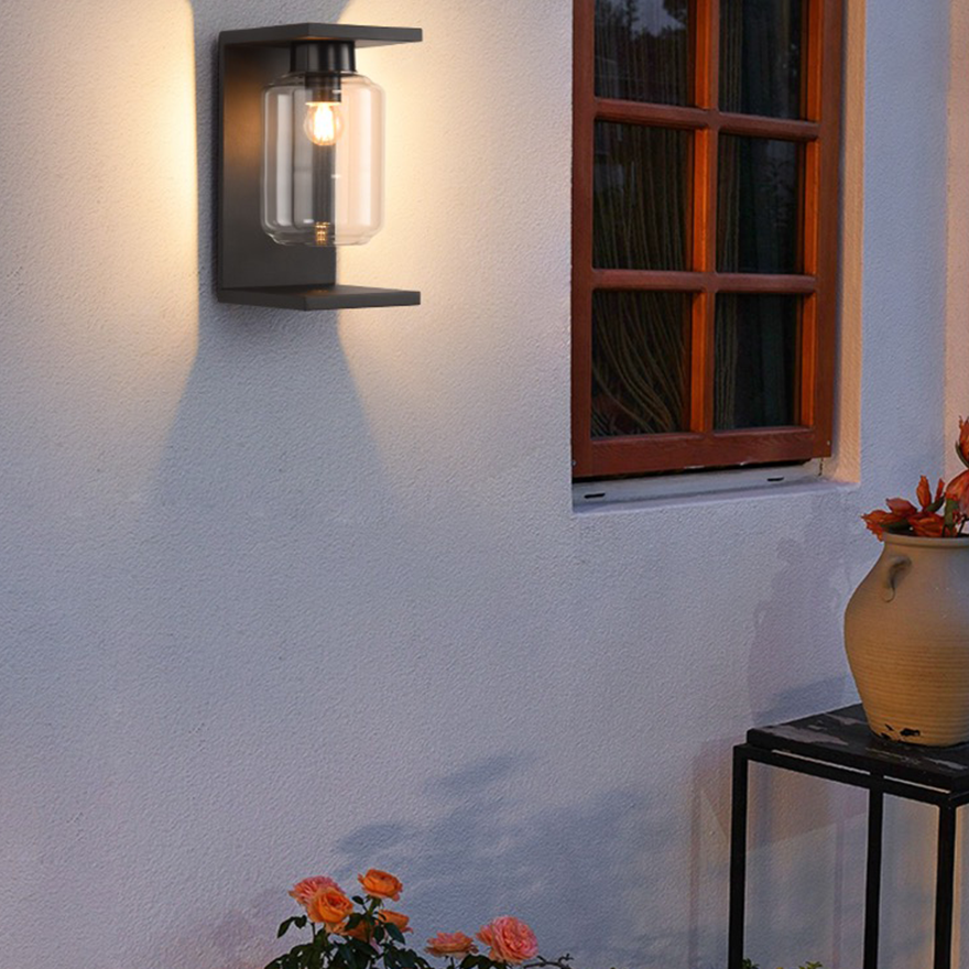 Modern  Metal And Glass Square Outdoor, Wall Lamp, Black/ Grey