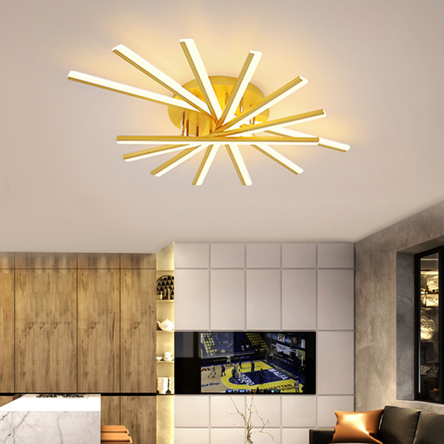 Contemporary Metal And Acrylic Linear Living Room Ceiling Light, Black/Gold/White, Trichromatic Light