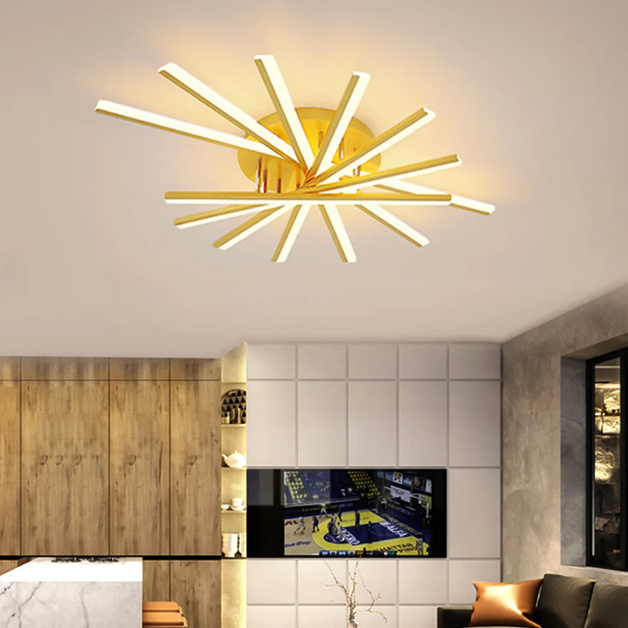 Contemporary Metal And Acrylic Linear Living Room Ceiling Light, Black/Gold/White, Trichromatic Light