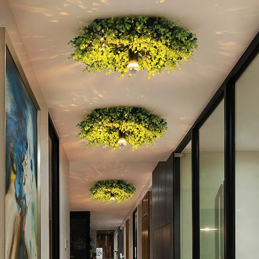 Unusual Metal And Artificial Grass Plant Flush Mount Study Room Ceiling Light, Green