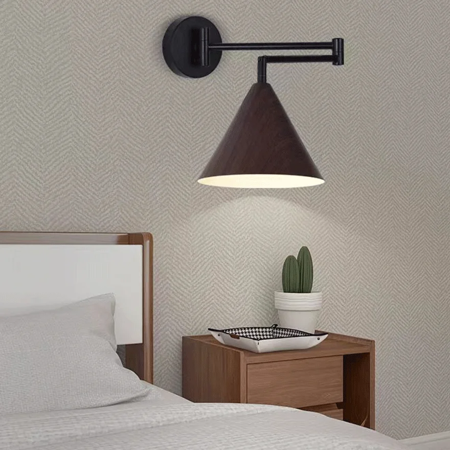 Minimalist Metal Hooded Study Room Wall Lamp, Brown/Wood