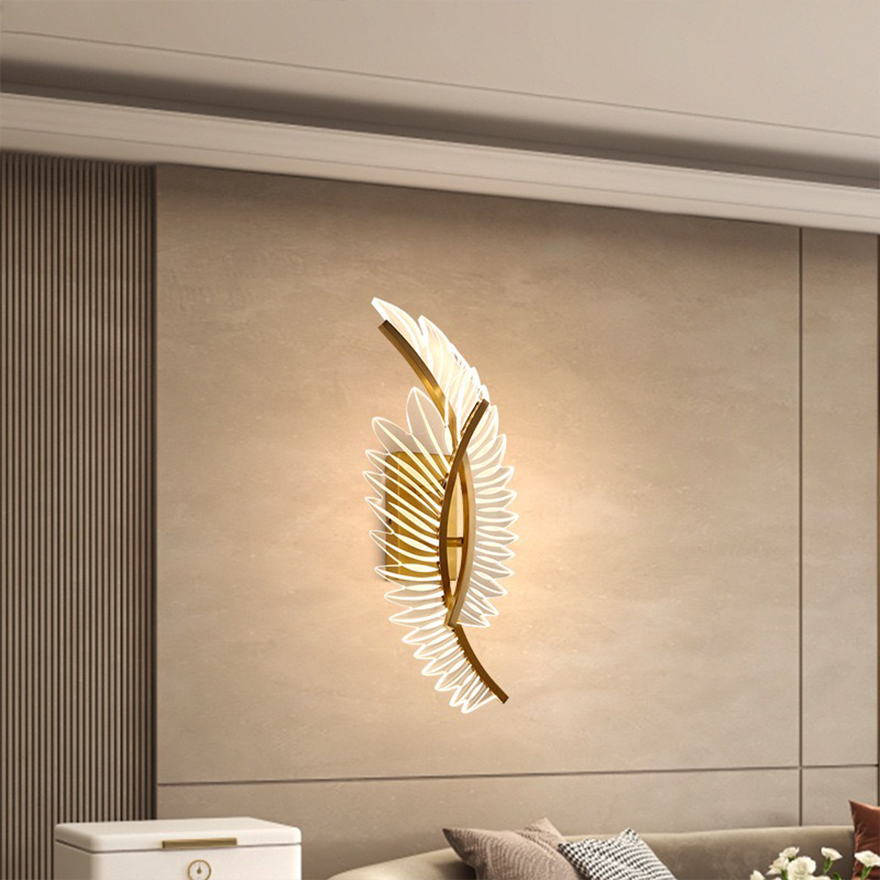 Art Deco Metal And Acrylic Feather Study Room Wall Lamp, Gold/Clear