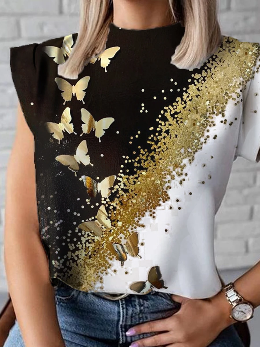 Fashion Butterfly Print Crewneck Top Womens