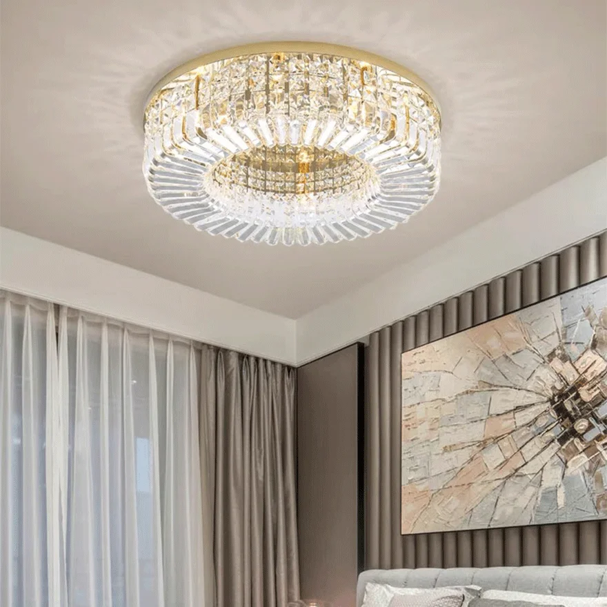 Modern Metal And Crystal Round Bedroom Chandelier Pendant Light, Chrome/Gold