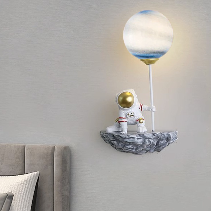 Art Deco Metal And Acrylic And Glass Astronaut hildren's Room Wall Lamp, Blue-White/Textured White/White