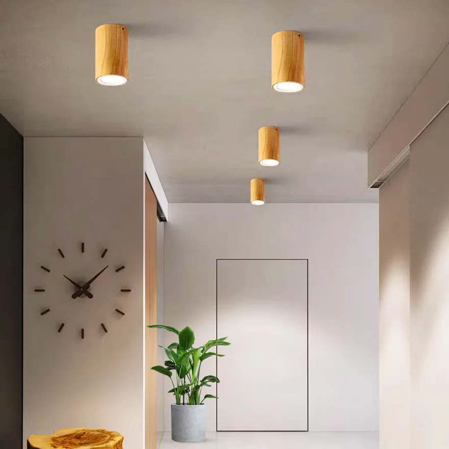 Natural Wooden And Acrylic Cylinder Balcony Ceiling Light, Natural Wood