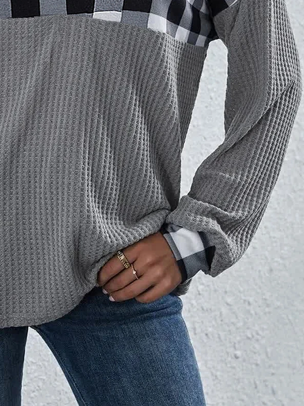 Casual Plaid Print Cowl Neck Long Sleeves T-shirt