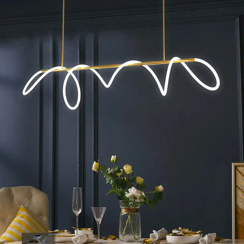 Designer Metal Linear And Wave Living Room Pendant Light, Black/Gold