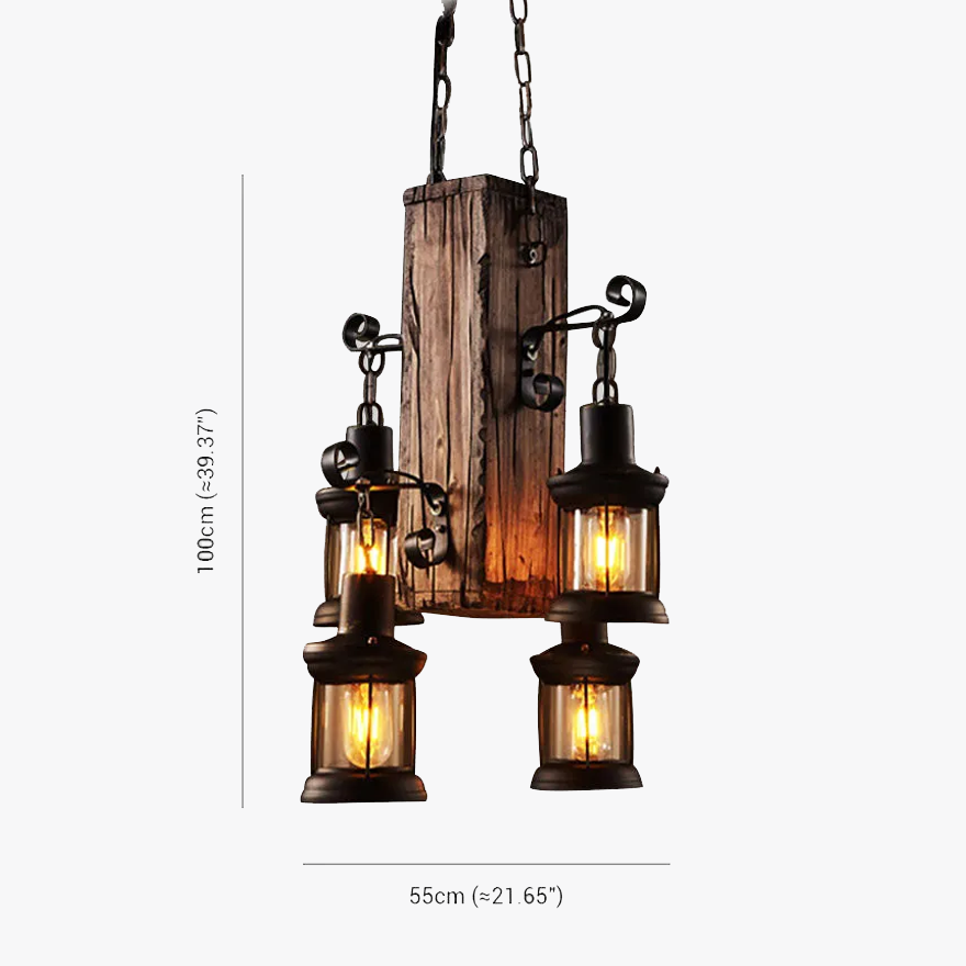 Rustic Metal And Wooden Rectangular Dining Room Pendant Light, Log Color