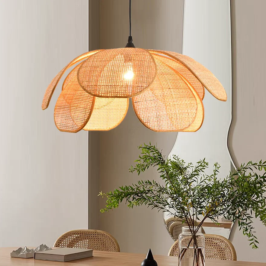 Art Deco Metal And Rattan Floral Bedroom Pendant Light, Natural Wood