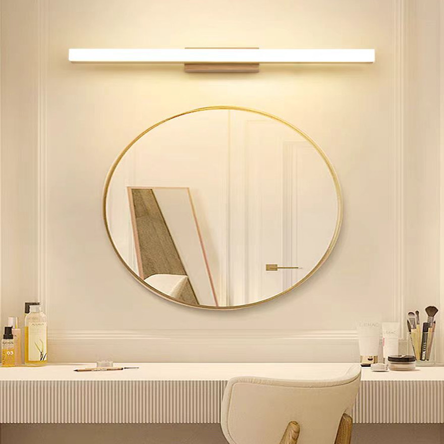 Modern Wooden And Metal Strip Bathroom Mirror Front Wall Lamp, Burlywood, Trichromatic Light