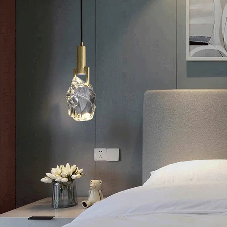 Modern Metal And Crystal Uneven Bedroom Pendant Light, Brass