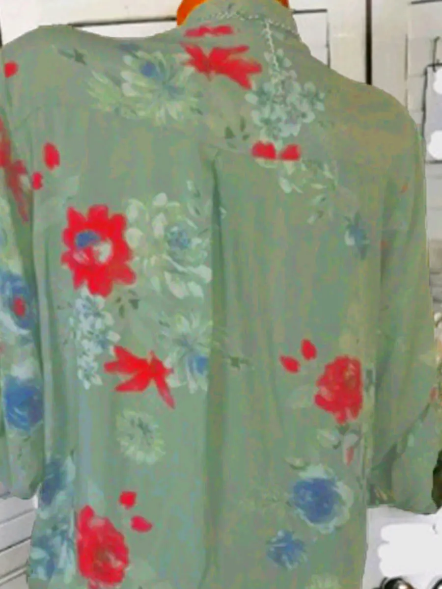 Autumn Spring Summer Cotton V-Neck Button Floral Printed Blouses