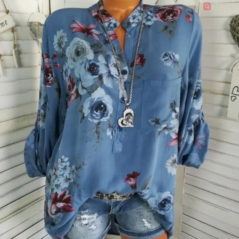 Autumn Spring Summer Cotton V-Neck Button Floral Printed Blouses