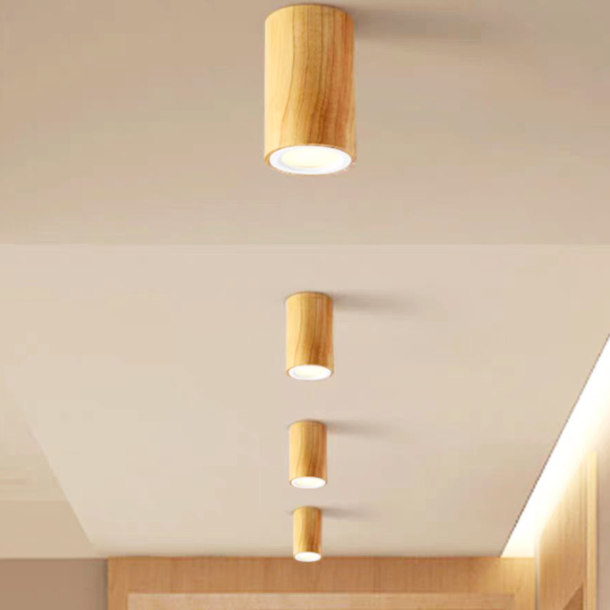 Natural Wooden And Acrylic Cylinder Balcony Ceiling Light, Natural Wood