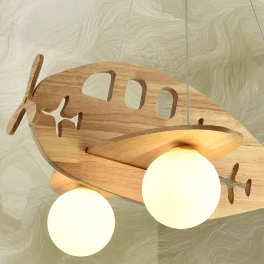 Art Deco Acrylic And Wooden Airplane Children's Room Pendant Light, Log Color