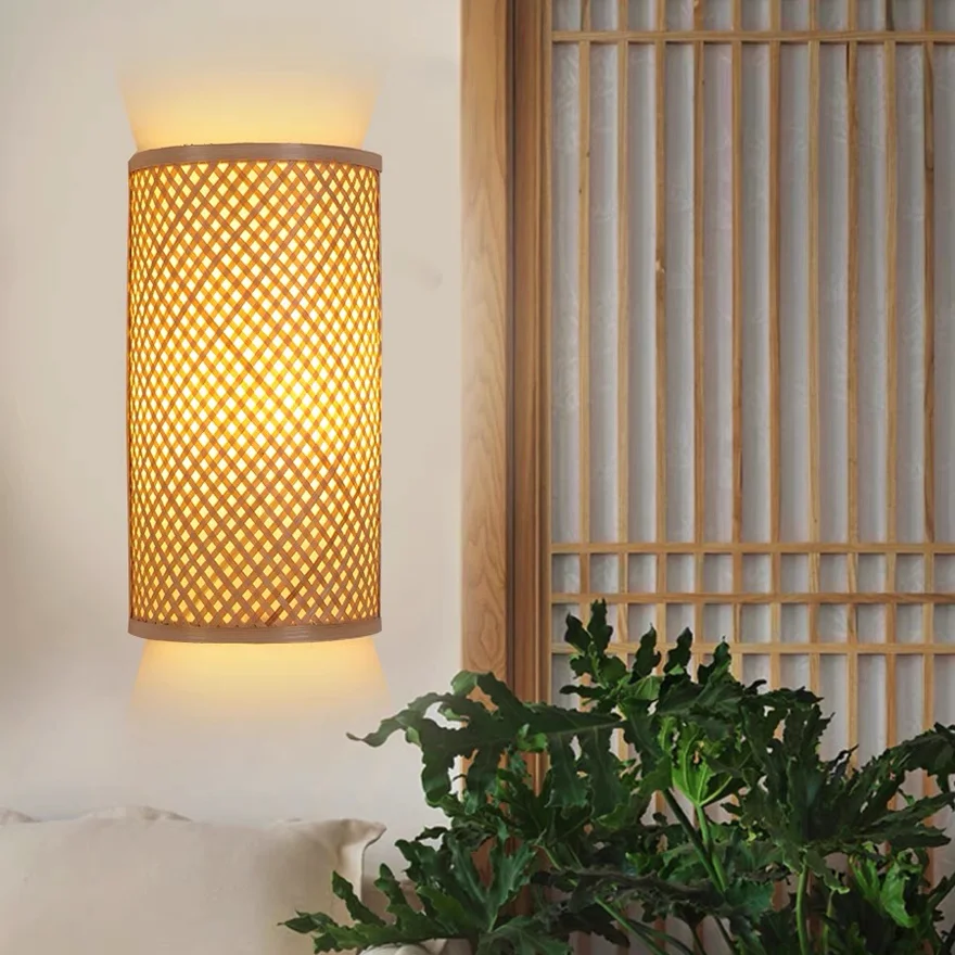 Boho Rattan, Acrylic Cylindrical Indoor Wall Lamp, Log Color