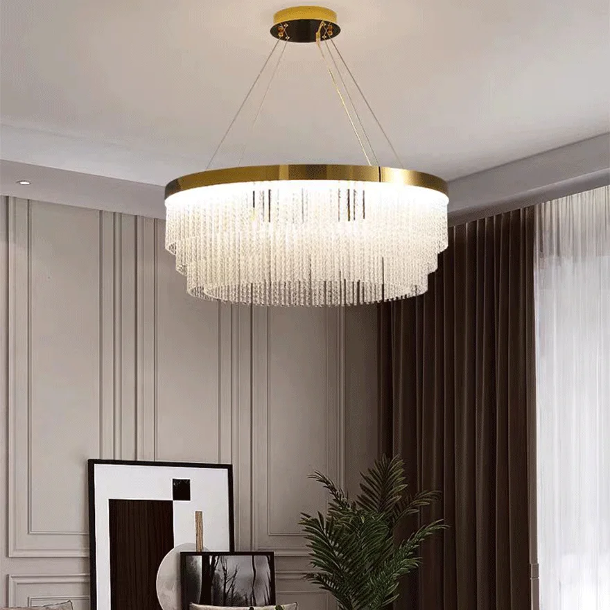 Royal Metal And Crystal Tassel Bedroom Chandelier Pendant Light, Gold, Trichromatic Light