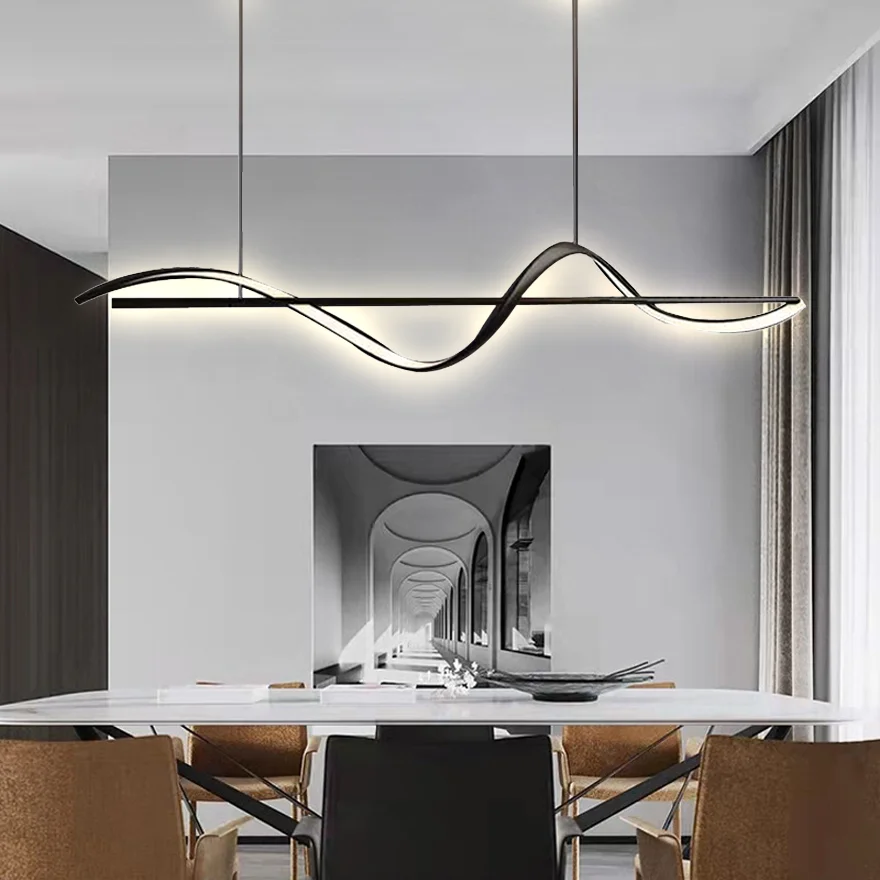 Modern Metal And Acrylic Wave Kitchen Pendant Light, Black/Gold, Trichromatic Light