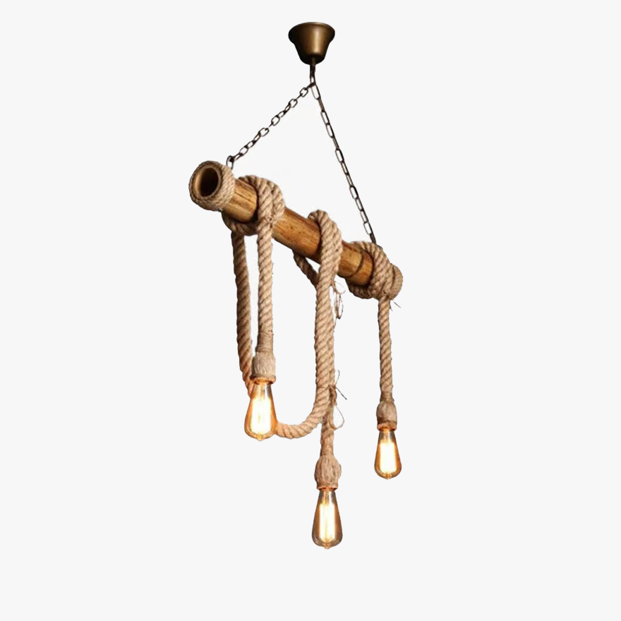 Rustic Hemp Rope And Metal  Strip Dining Room Pendant Light, Log Color