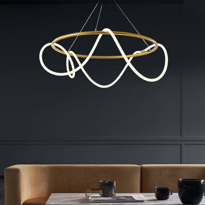 Designer Metal Linear And Wave Living Room Pendant Light, Black/Gold