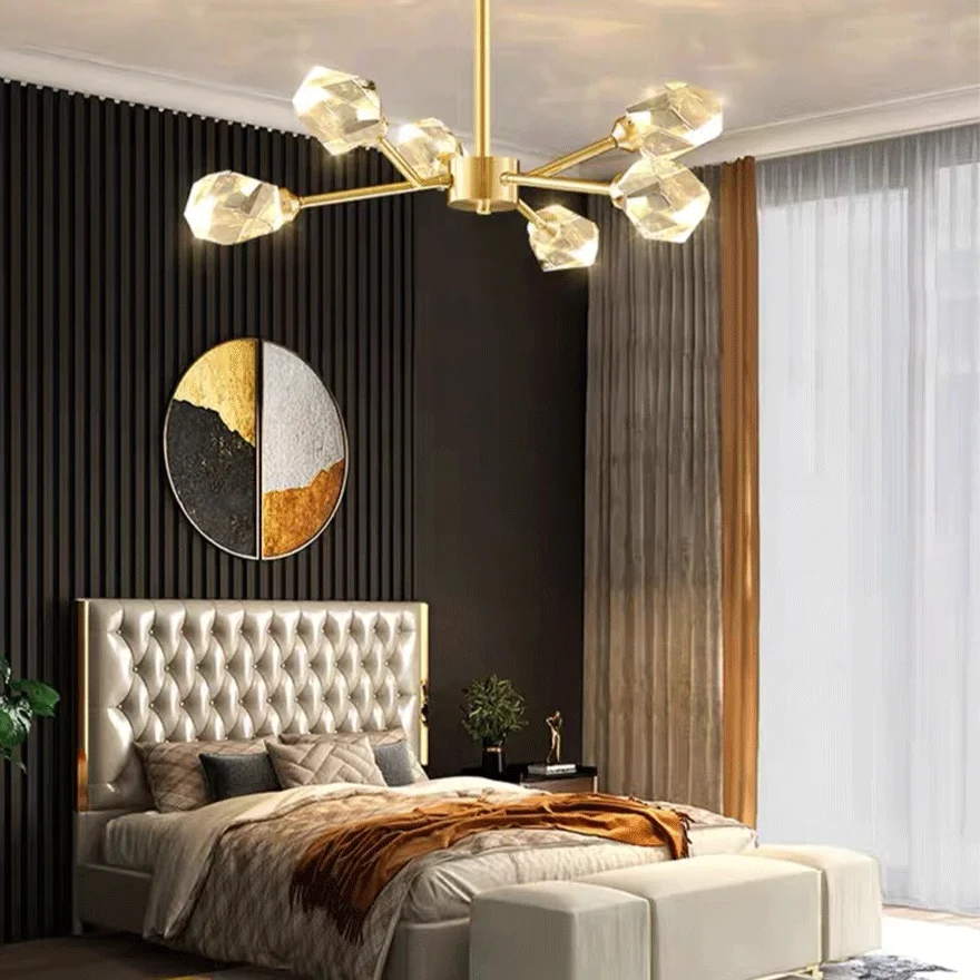 Modern Metal And Crystal Uneven Bedroom Chandeliers Pendant Light, Gold, Trichromatic Light