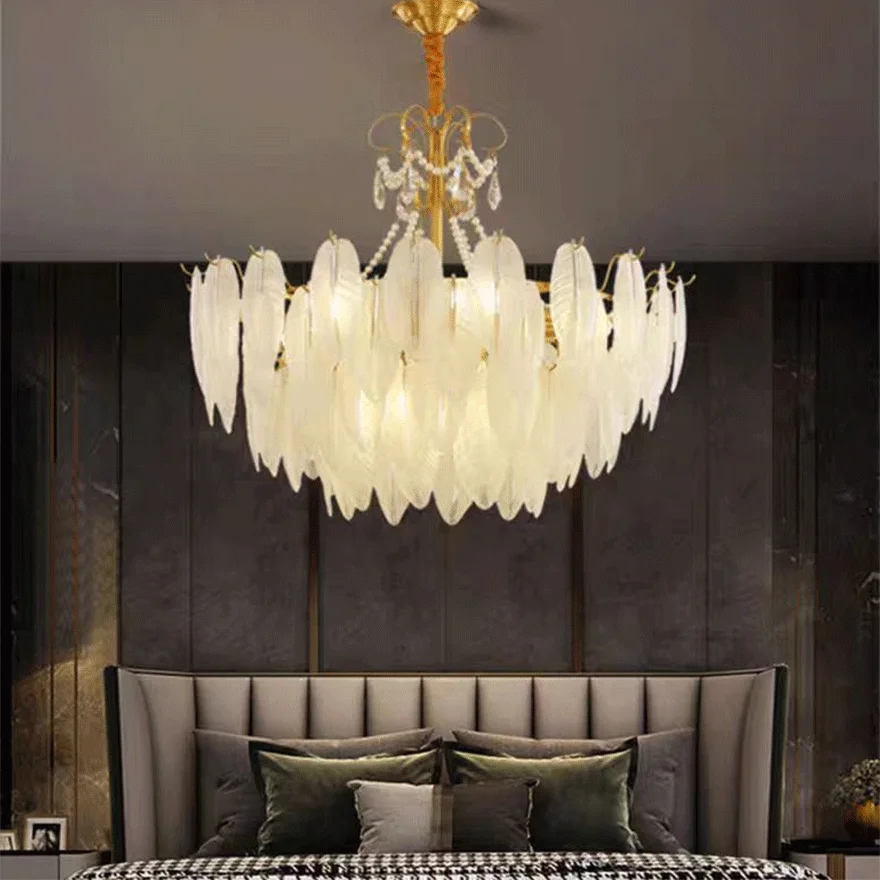 Decorative Pure Copper And Glass Feather Dining Room Chandelier Pendant Light, White, Trichromatic Light