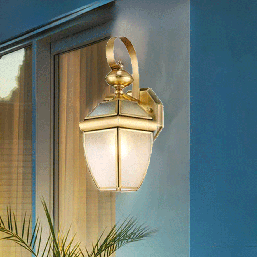 Designer  Metal And Glass Lantern Outdoor Wall Lamp, Gold