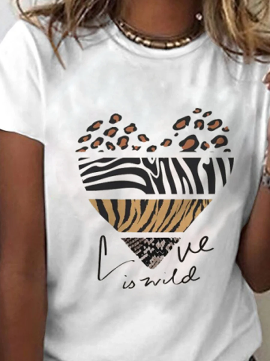 Leopard Heart Print Crew Short Sleeves T-shirt