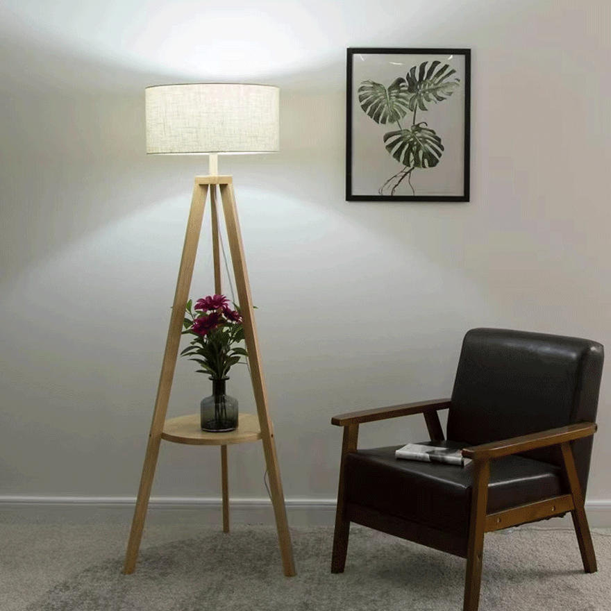 Vintage  Wooden And Fabric Tripod Living Room Floor Lamp, Walnut/Natural Wood