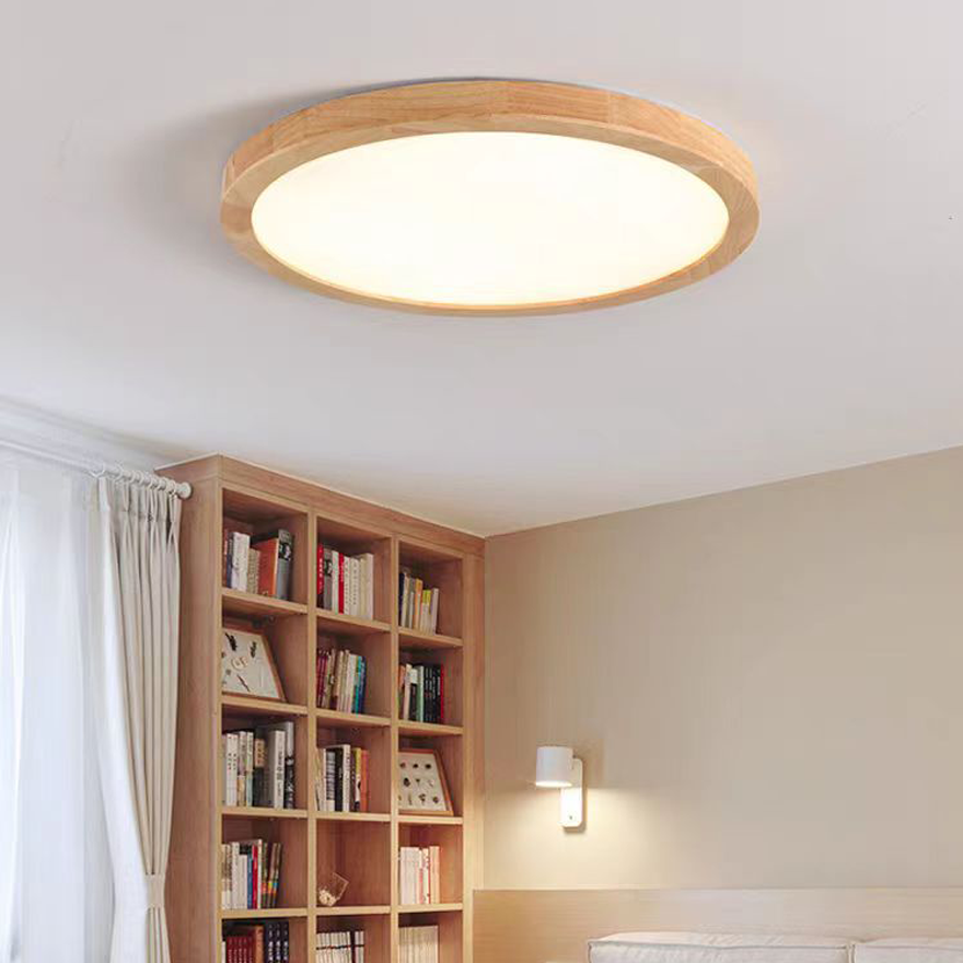 Modern Wood And Plastic Round Living Room Pendant Light, Natural Wood, Trichromatic Light