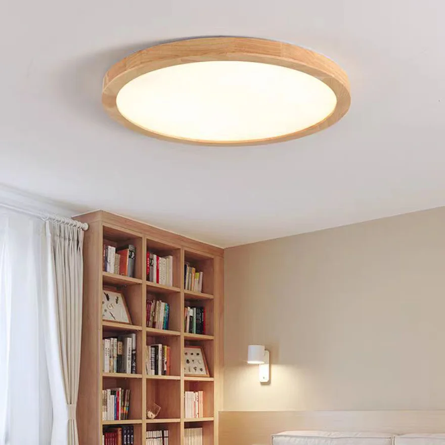 Modern Wood And Plastic Round Living Room Pendant Light, Natural Wood, Trichromatic Light