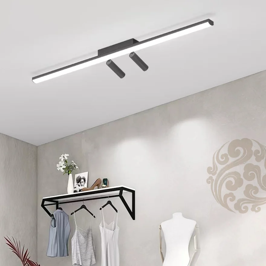 Minimalist Metal Linear Living Room Ceiling Light, Black,Trichromatic Light