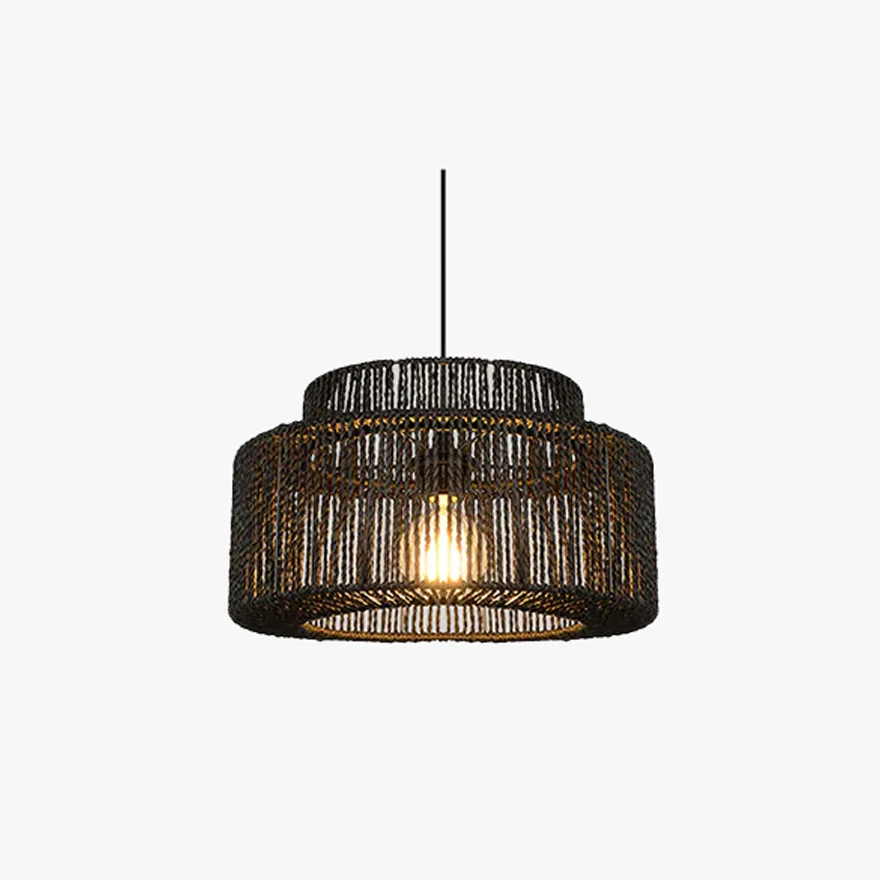 Boho Metal And Rattan Lantern Living Room Pendant Light, Black