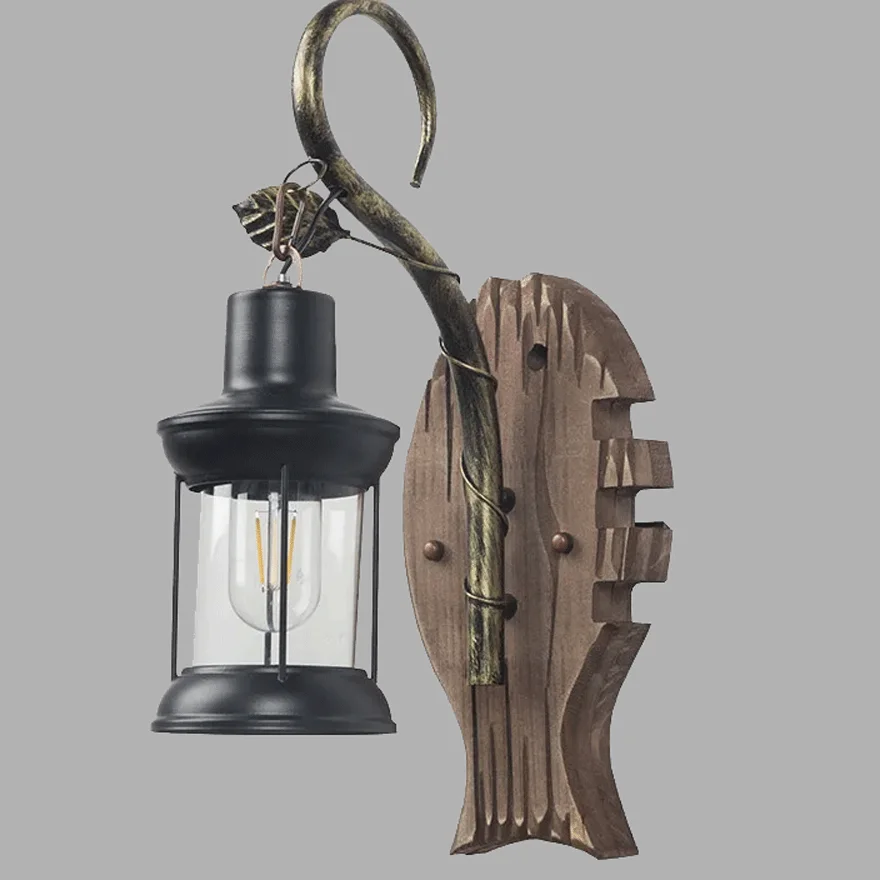 Rustic Metal And Pine Wood Fish Lantern Living Room Wall Lamp, Fish Lantern